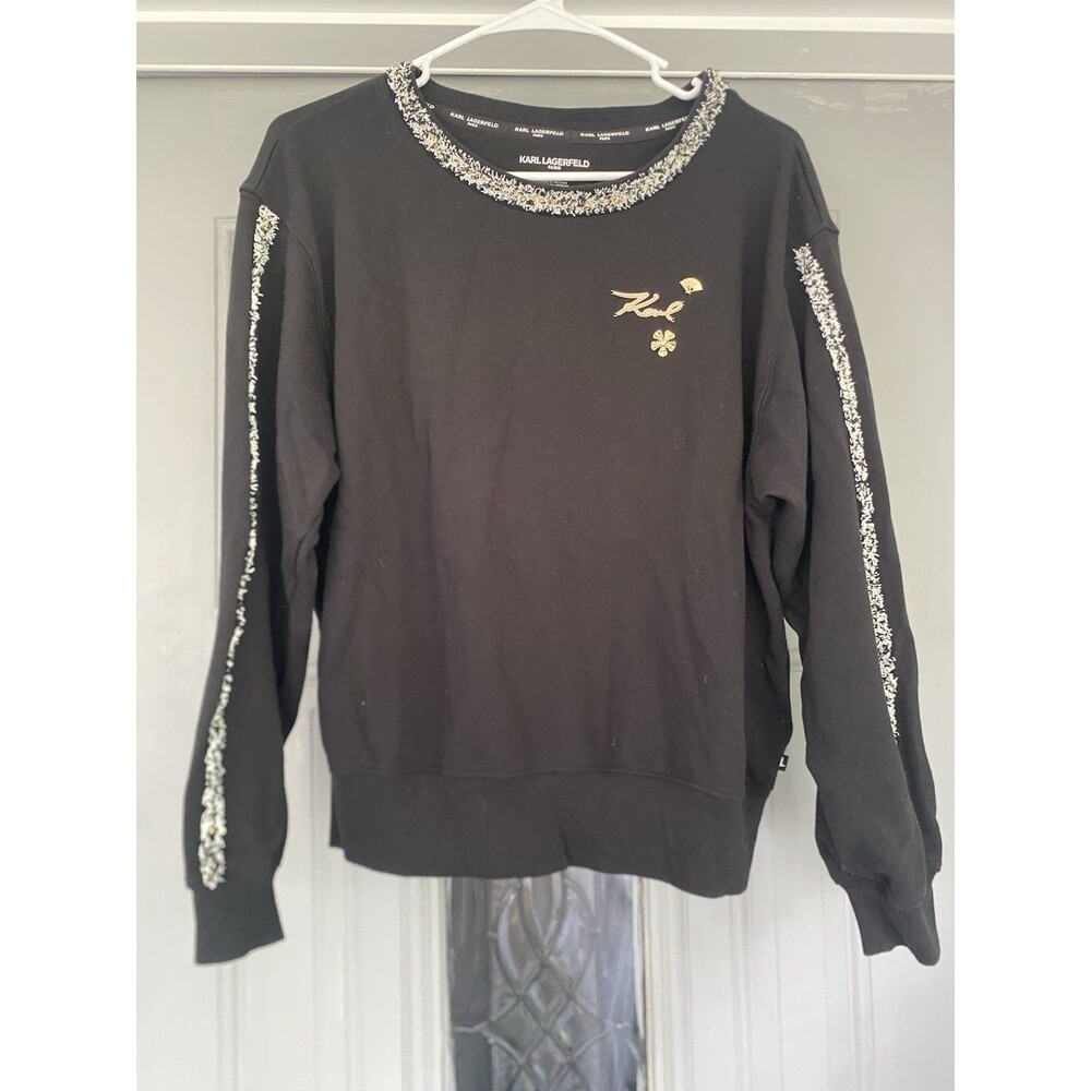 Karl Lagergeld Women’s Embellished Rhinestone Sweatshirt Black Gold Size M